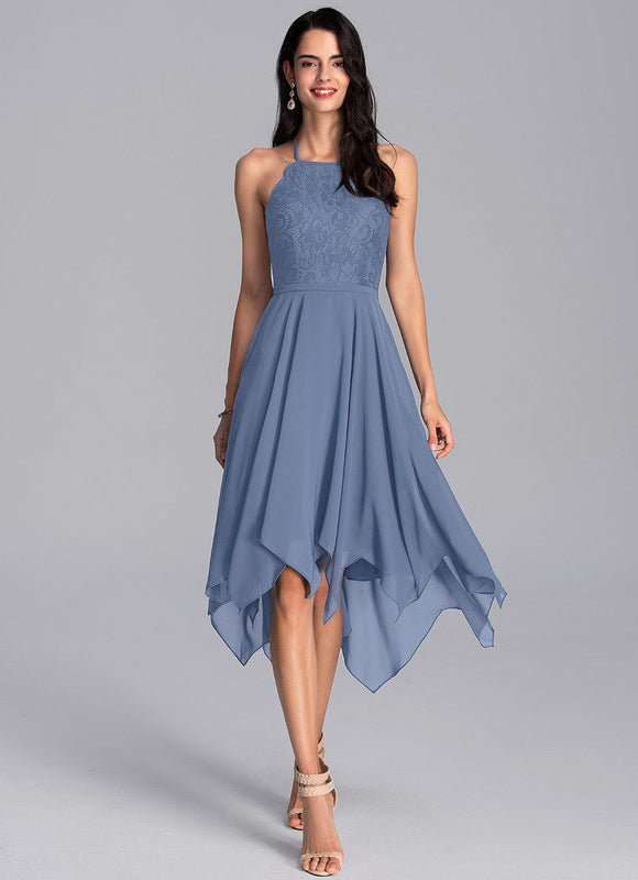 Robe Pastel Bleu Trapèze Asymétrique Dentelle - gallery 7