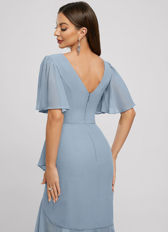 Robe Pastel Bleu Sirène Col V Volants - gallery 5