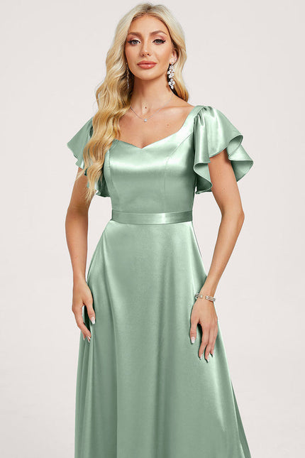 Robe Pastel Verte Satin Longueur Ras Du Sol - gallery 3
