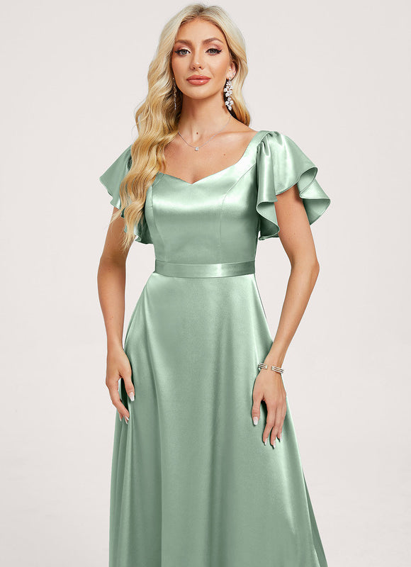 Robe Pastel Verte Satin Longueur Ras Du Sol - gallery 3