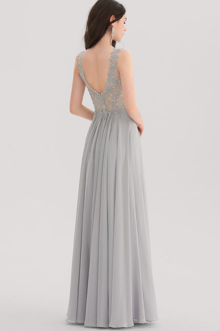 Robe Pastel Grise Mousseline Strass Col V - gallery 2