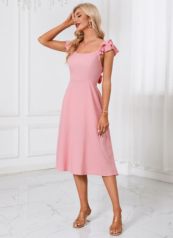 Robe Pastel Rose À Volants Midi - gallery 3
