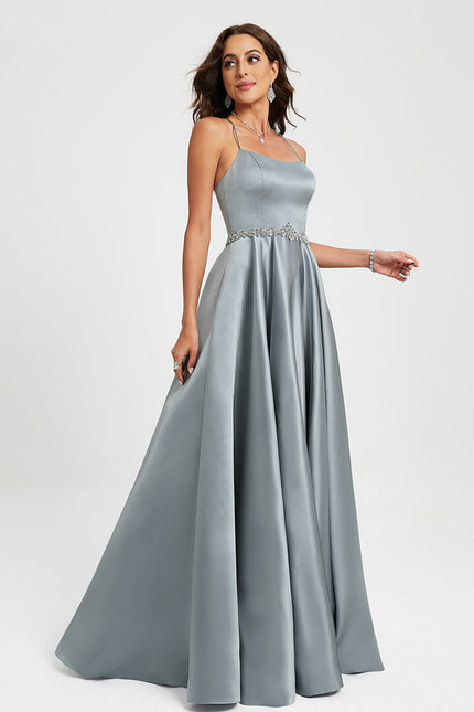 Robe Pastel Gris Satin Strass Longueur Sol - gallery 4