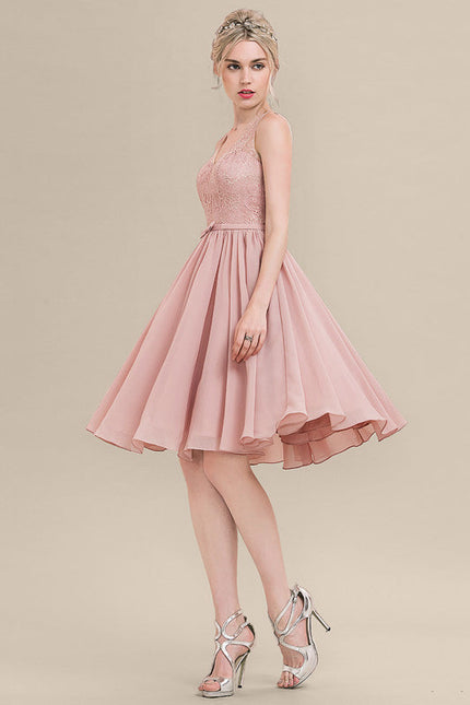 Robe Pastel Rose Col V Dentelle Genou - gallery 2