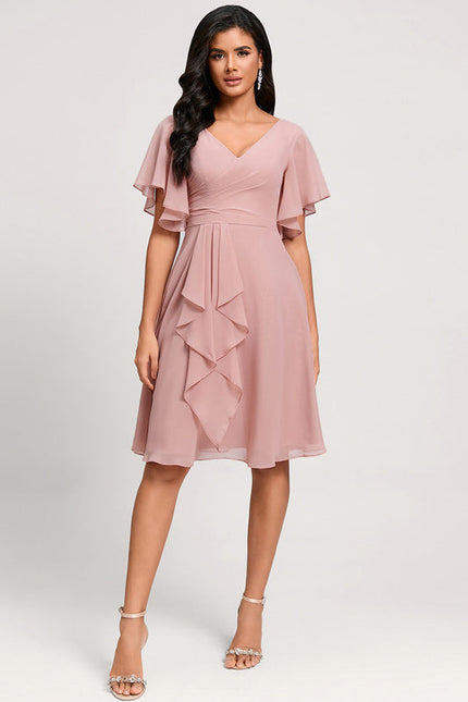 Robe Pastel Rose Col V Longueur Genou - gallery 3