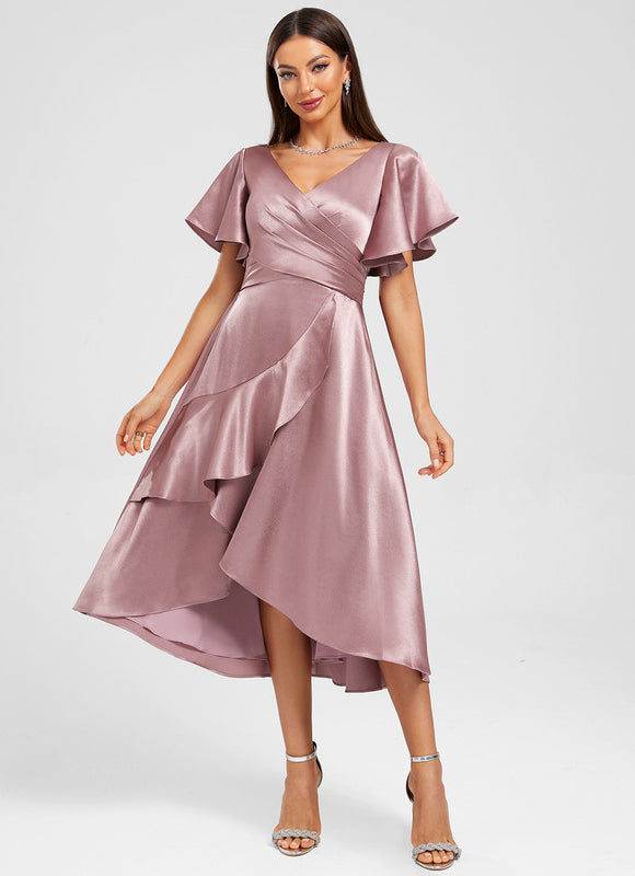 Robe Pastel Rose Satinée À Volants