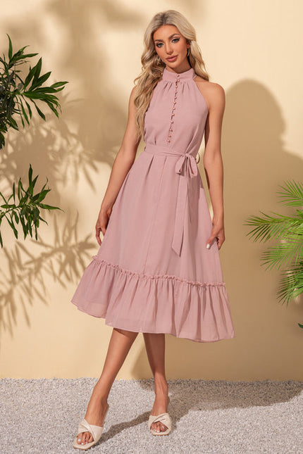 Robe Pastel Rose Mousseline Midi Volants - gallery 5