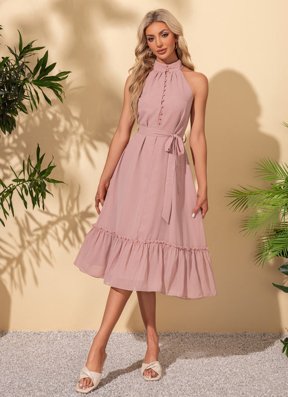 Robe Pastel Rose Mousseline Midi Volants - gallery 5
