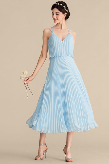 Robe Pastel Bleu Col V Plissée Mollet