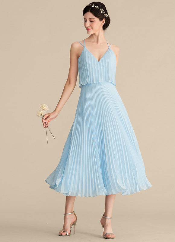 Robe Pastel Bleu Col V Plissée Mollet