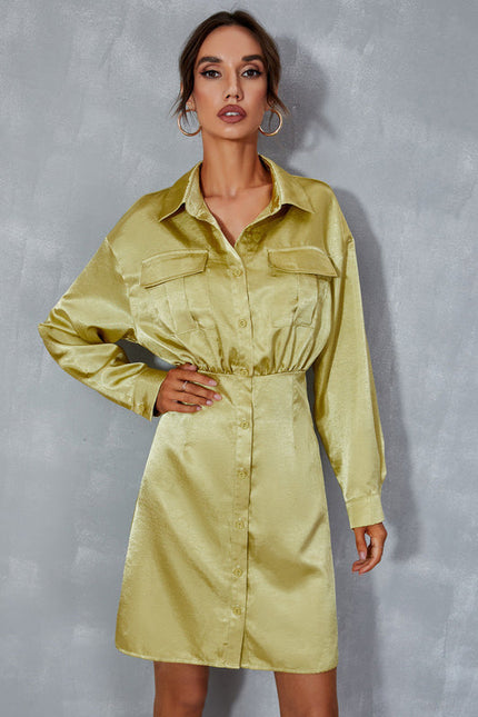 Robe Pastel Vert Citron Col Montant Satin - gallery 4