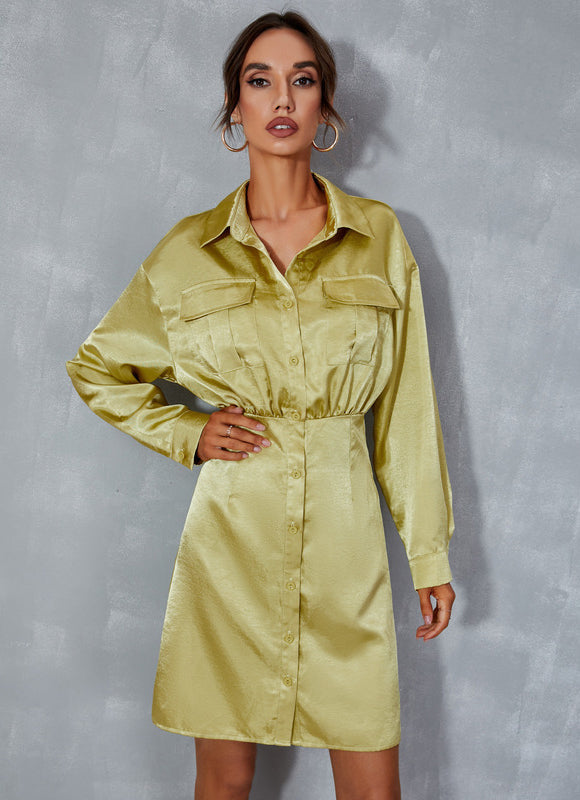 Robe Pastel Vert Citron Col Montant Satin - gallery 4