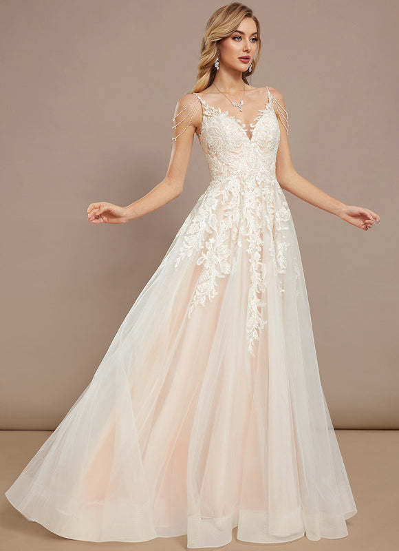 Robe Pastel Blanche Col V Traîne Dentelle - gallery 2