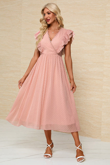Robe Pastel Rose Col V Trapèze Midi