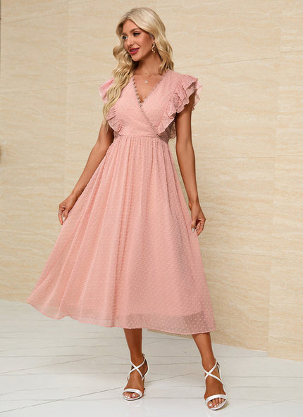 Robe Pastel Rose Col V Trapèze Midi