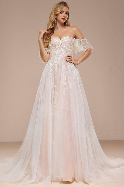 Robe Pastel Rose Épaules Dénudées Traîne Longue - gallery 2