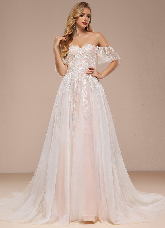 Robe Pastel Rose Épaules Dénudées Traîne Longue - gallery 2