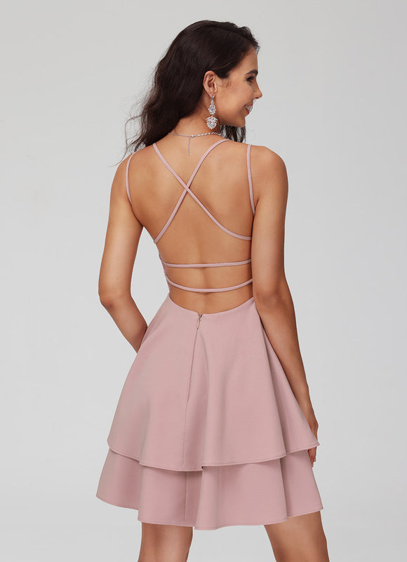 Robe Pastel Rose Trapèze Col V Court - gallery 5