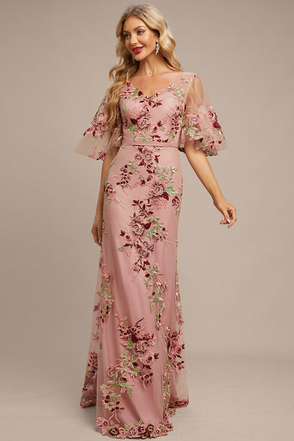 Robe Pastel Rose Col V Dentelle Élégante - gallery 2