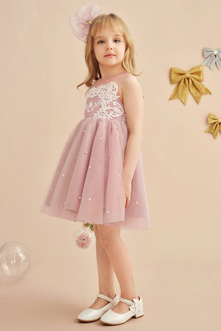 Robe Pastel Rose Trapèze Dentelle Mariage Fille - gallery 7