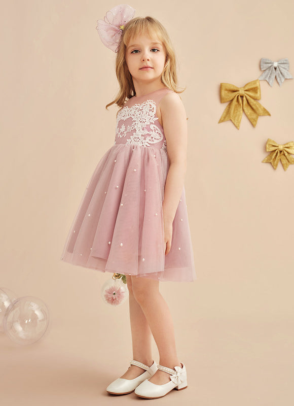 Robe Pastel Rose Trapèze Dentelle Mariage Fille - gallery 7