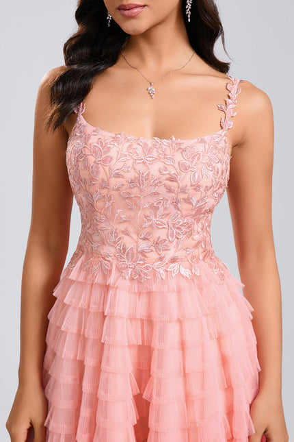 Robe Pastel Rose Dentelle Volants Court - gallery 4