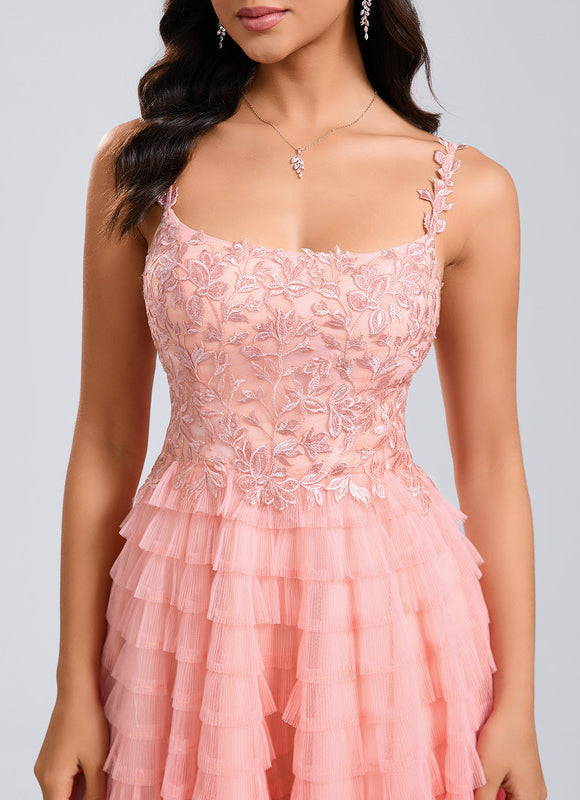 Robe Pastel Rose Dentelle Volants Court - gallery 4