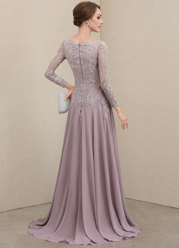 Robe Pastel Violet Col Rond Traîne Dentelle - gallery 4