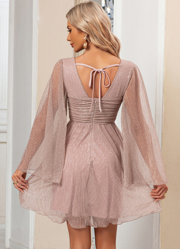 Robe Pastel Rose Paillettes Col V - gallery 5