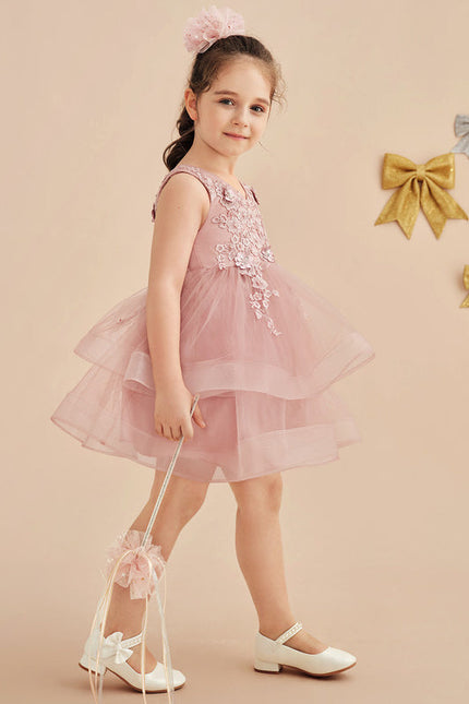 Robe Pastel Rose En Tulle Avec Dentelle - gallery 3
