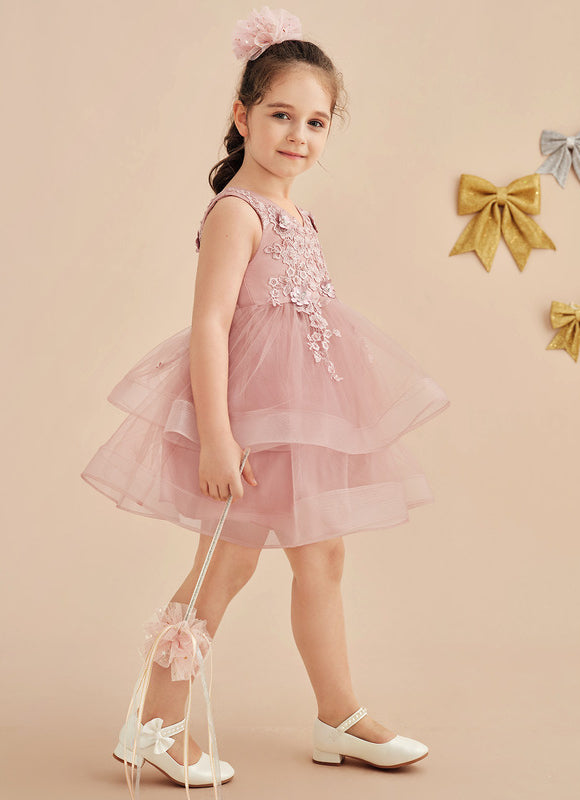 Robe Pastel Rose En Tulle Avec Dentelle - gallery 3