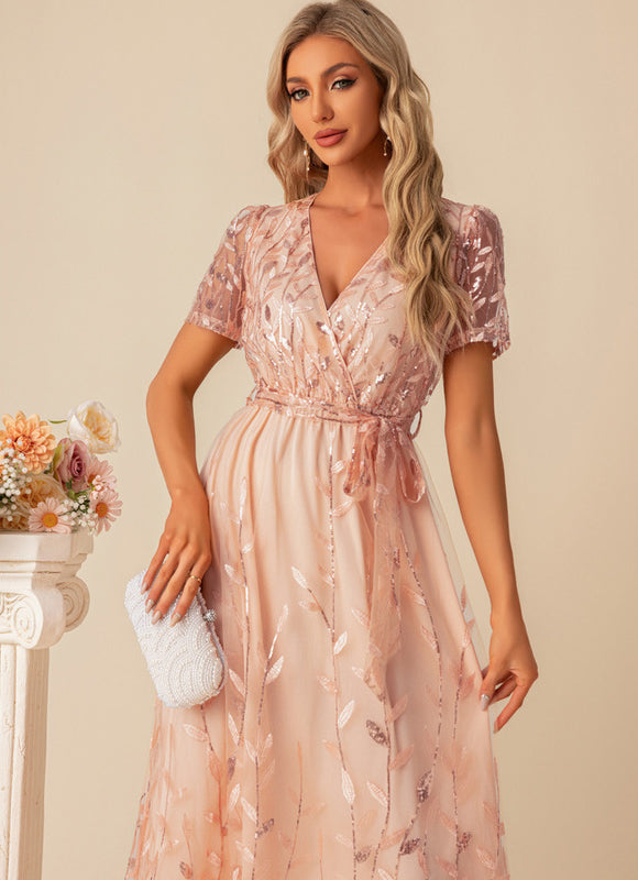Robe Pastel Rose Pailletée Longueur Mollet - gallery 5