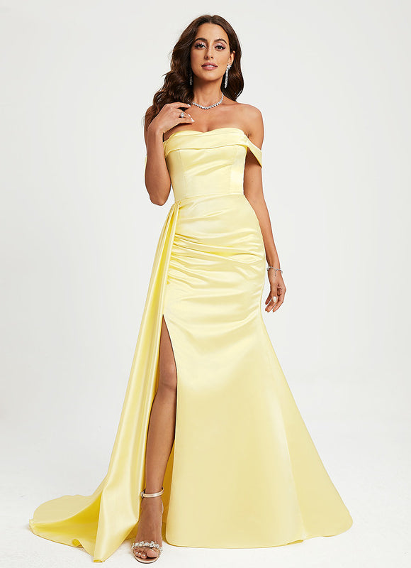 Robe Pastel Satinée Jaune Sirène Élégante