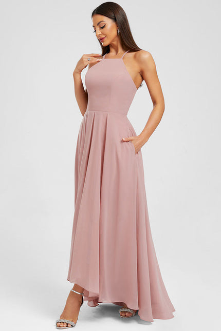 Robe Pastel Rose Mousseline Asymétrique Trapèze - gallery 3