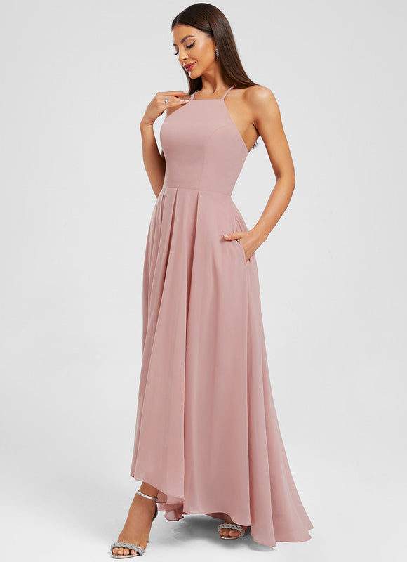 Robe Pastel Rose Mousseline Asymétrique Trapèze - gallery 3