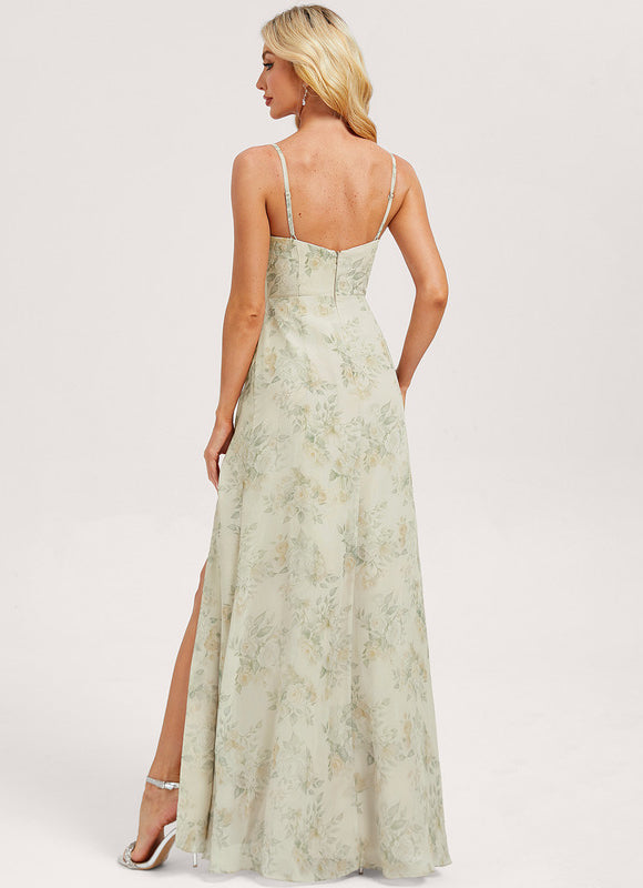 Robe Pastel Verte Décolletée Longueur Sol - gallery 4