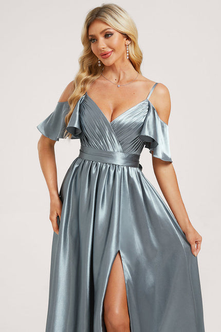 Robe Pastel Satin Bleu Décolleté Épaules - gallery 1