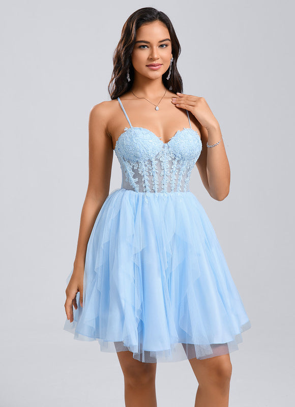Robe Pastel Bleu Ciel Col Cœur Volants - gallery 4