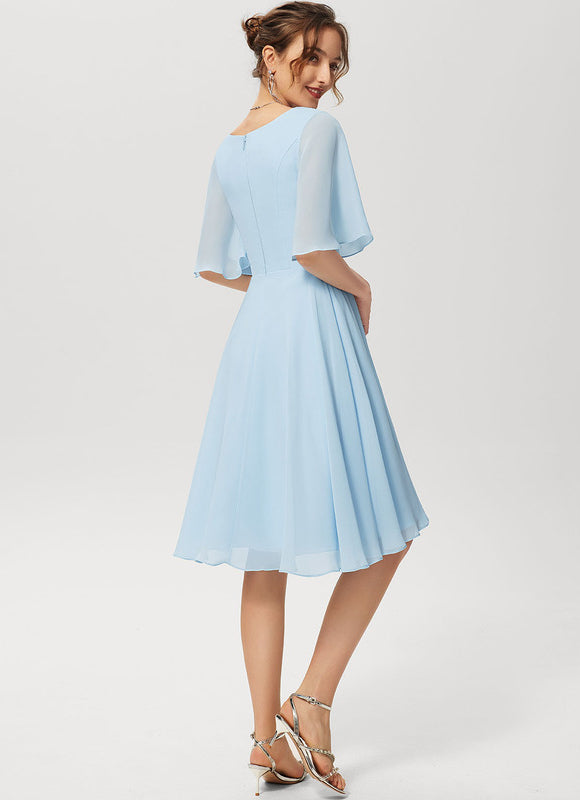 Robe Pastel Bleu Col V Mousseline Genou - gallery 4
