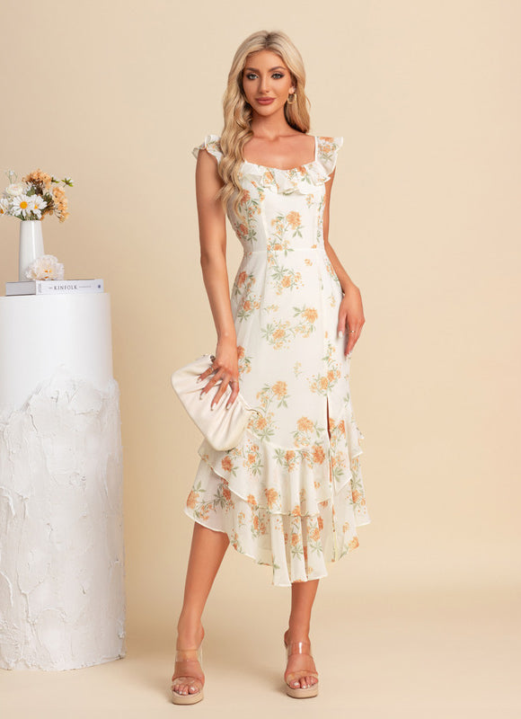 Robe Pastel Floral Crème Col Cœur Midi - gallery 6