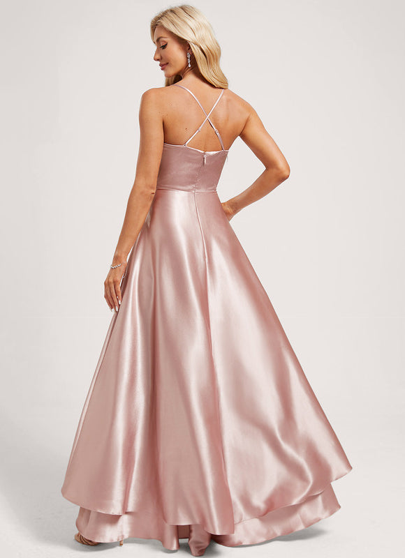 Robe Pastel Vert Satin Volants Asymétrique - gallery 4