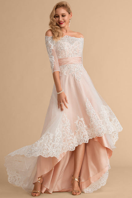 Robe Pastel Saumon Asymétrique Dentelle Chic