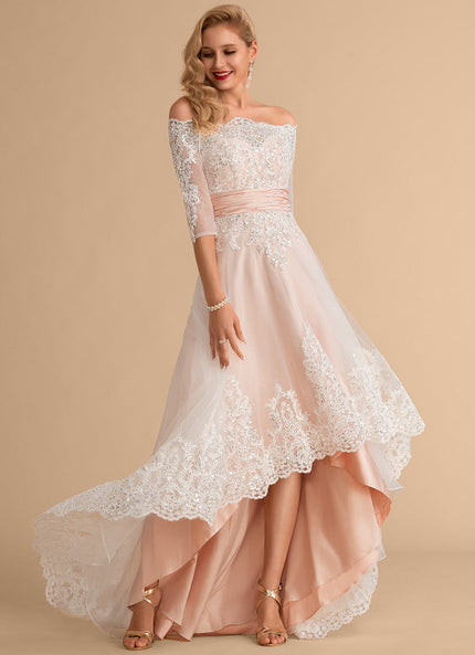 Robe Pastel Saumon Asymétrique Dentelle Chic