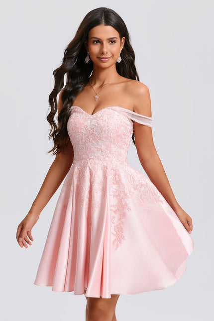Robe Pastel Rose Courte Dentelle Strass - gallery 3