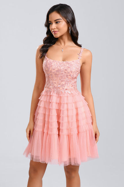 Robe Pastel Rose Dentelle Volants Court - gallery 2