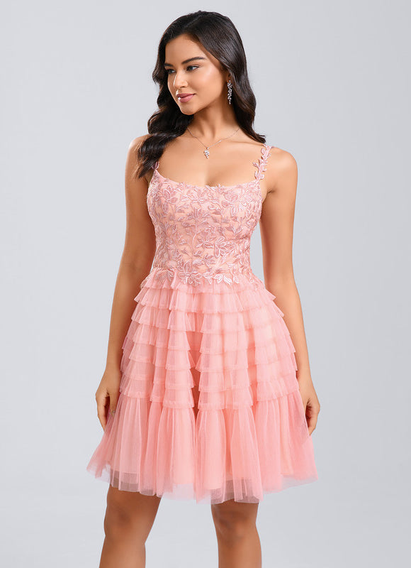 Robe Pastel Rose Dentelle Volants Court - gallery 2