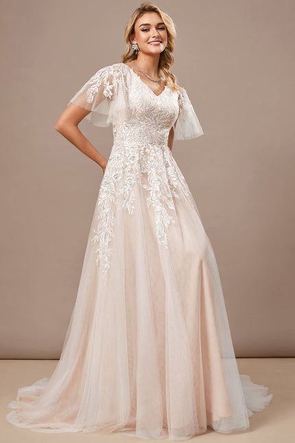 Robe Pastel Rose Traîne Tulle Dentelle - gallery 1