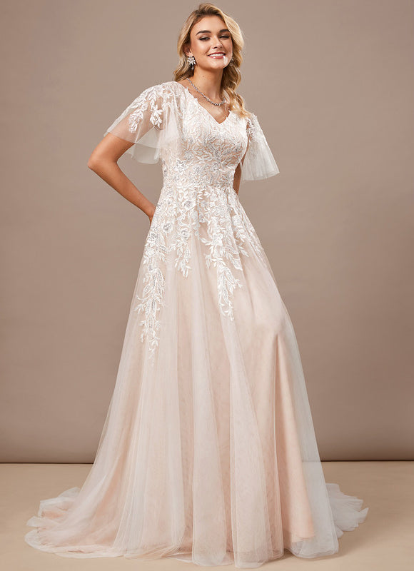 Robe Pastel Rose Traîne Tulle Dentelle - gallery 1