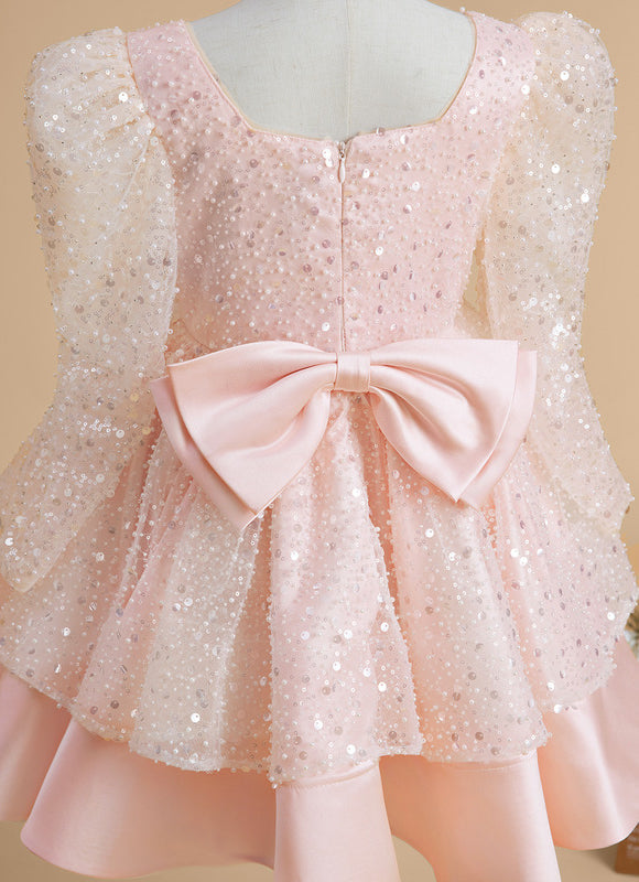 Robe Pastel Rose Paillettes Col Carré - gallery 4