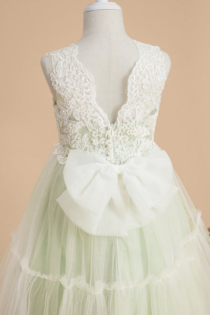 Robe Pastel Verte Col V Dentelle Enfant - gallery 4